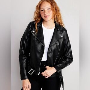 NWT! Old Navy Black Faux-Leather Belted Biker Jacket - Size Small